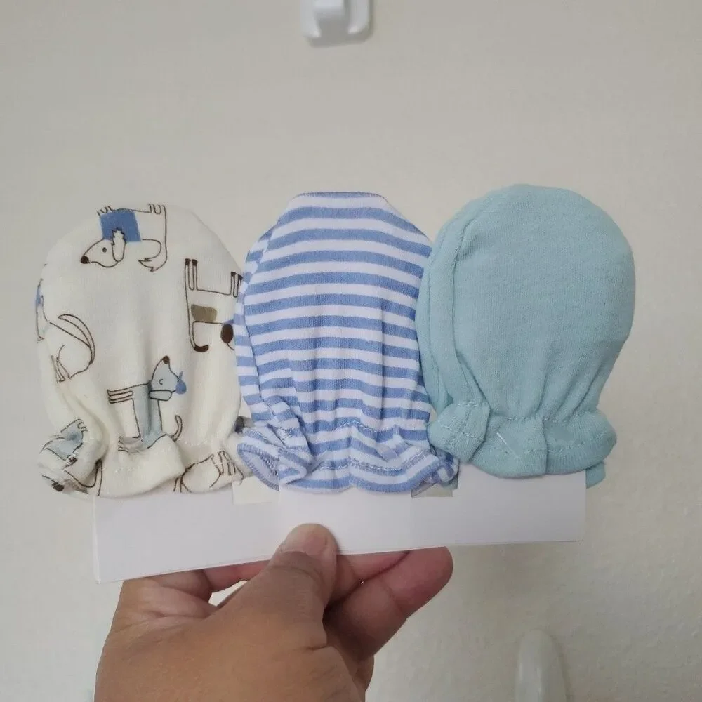 Boy’s Newborn Child Mittens, 3 pack Doggie Stripes and Solid Cream Blue Green